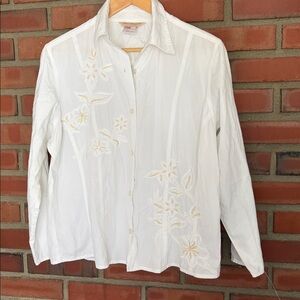 Norm Thompson Embroidered Poplin Button Front Tunic Large White Cotton